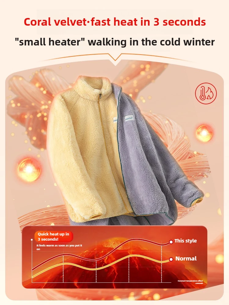 เสื้อแจ็คเก็ตขนแกะผู้ชายฤดูหนาว เสื้อแจ็คเก็ตกำมะหยี่ปะการังขนปุยลำลองผู้หญิง สีพื้น เสื้อโค้ทหนาอุ่นๆ สไตล์ฮาราจูกุ คู่รัก สีเบจ สีม่วง สีเหลือง