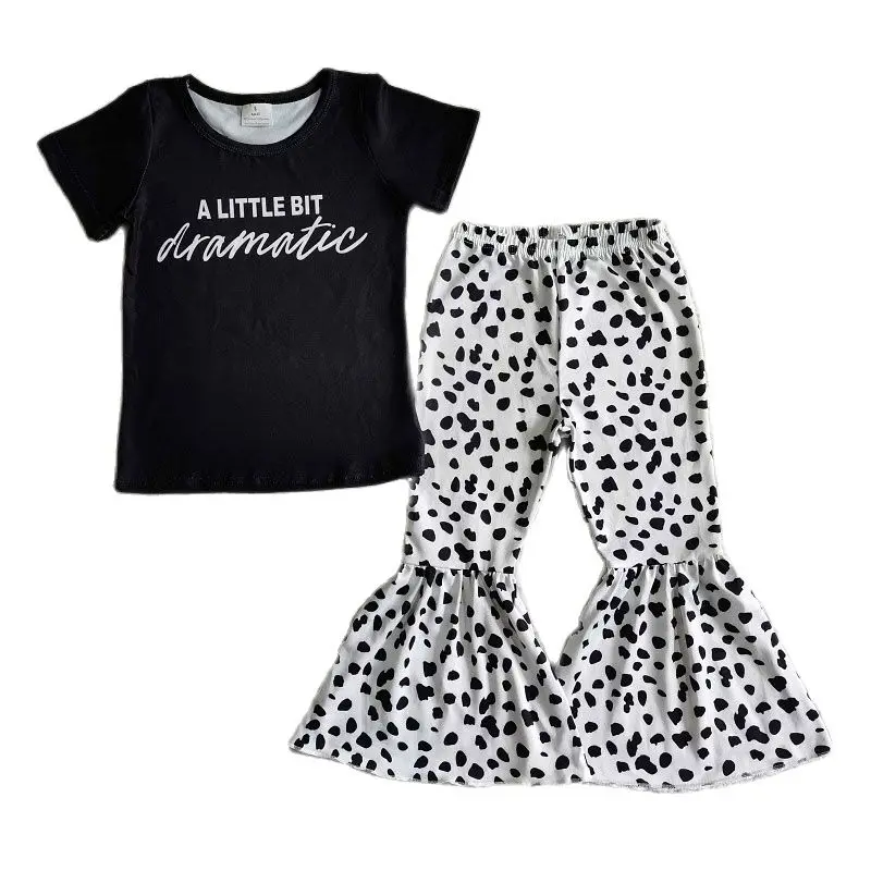 New Summer Fashion Baby Girls Black Lettering  Leopard Print Flare Pants Boutique Wholesale Kids Children Clothing Outfits