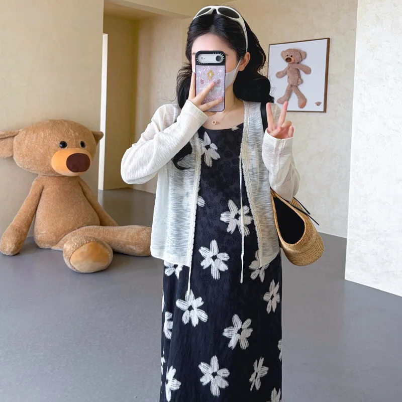 Maternity Clothes Summer Floral Print Spaghetti Strap Maxi Dress And Sun Protection Thin Cardigan Vacation For Pregnant Women