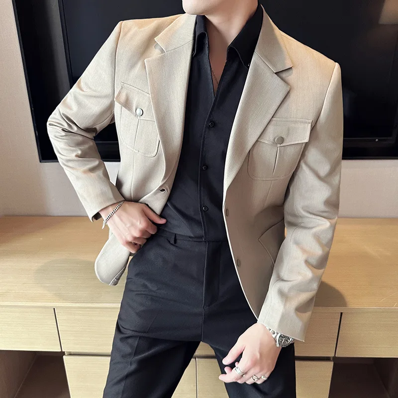 

3-A216 sense two-button pocket fashion design sense suit men's 2024 spring and autumn new host banquet dress tide