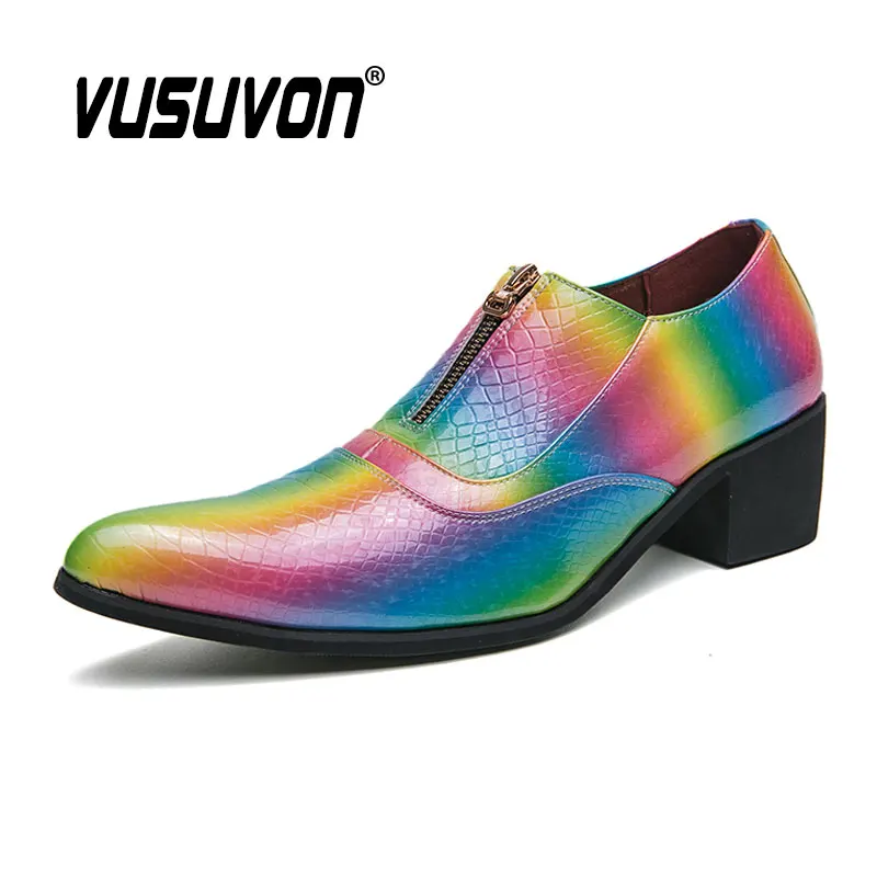 Men Zip Loafers 5CM Heel Rainbow Patent Leather Breathable Shoes Soft Outdoor Casual Summer Mules Dress Fashion Sandals Flats