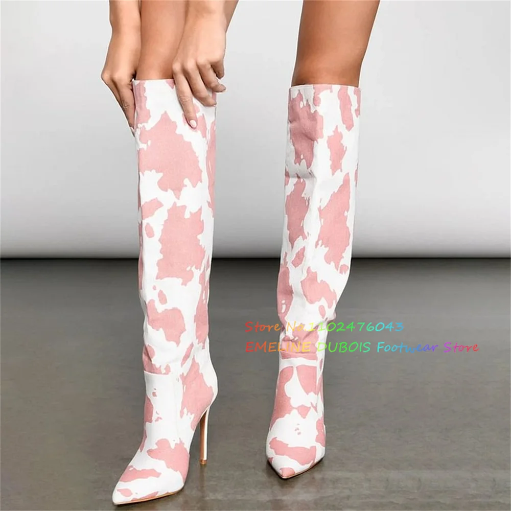 

White and Pink Pointed Toe Cow Print Stiletto Heel Knee High Boots Women Stiletto Heel Elegant Patchwork Winter New Sexy Boot