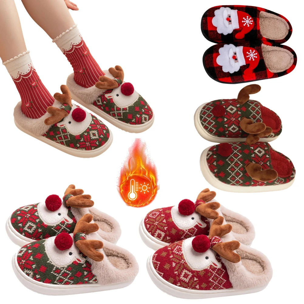 Christmas Elk Plush Slippers Cute Animal Slippers Comfortable Couple's Home Flat Shoes Winter Warm Plush Slippers For Women