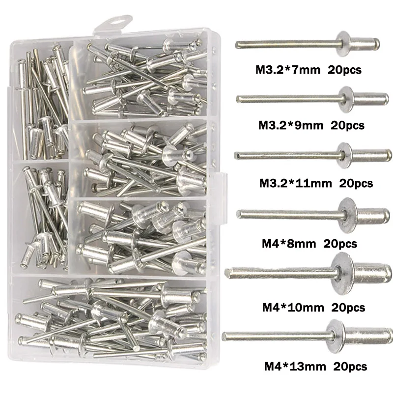 120pcs Blind Rivets Aluminum M3.2 M4 Dome Head Blind Pop Rivets Assorted Set Rivet Kit Nail Pull For Furniture Assortment Kit