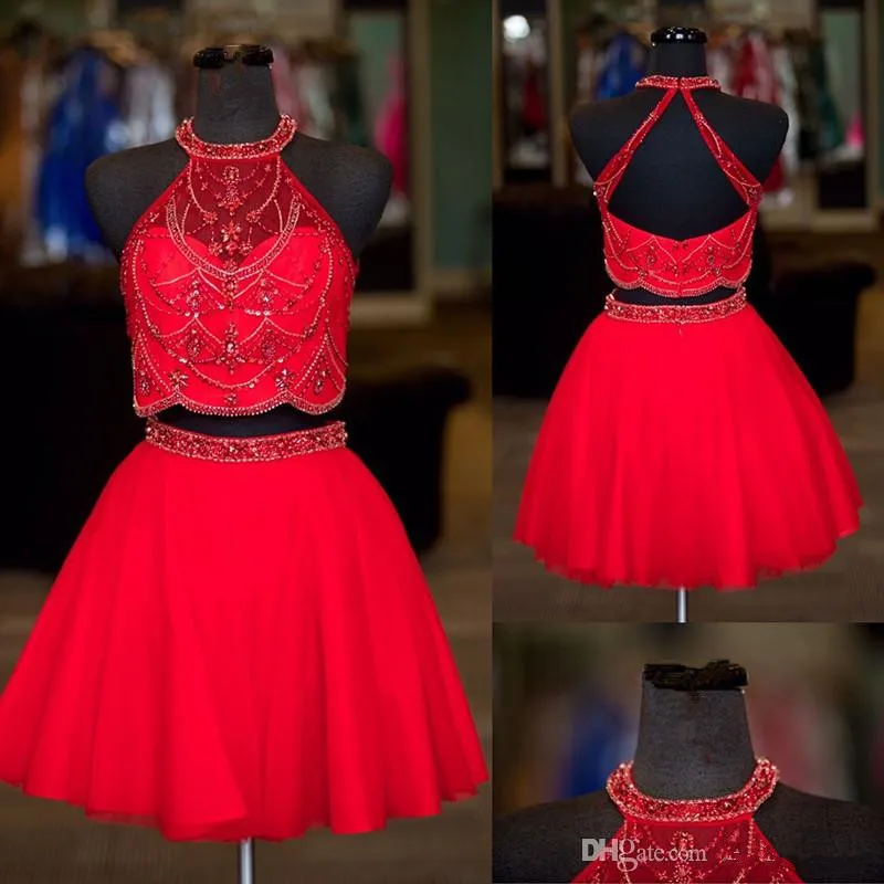 

IRIDESCENT Red A-Line Above Knee Length Beading Tulle Backless Two Pieces Homecoming Dresses Cocktail Party Customize