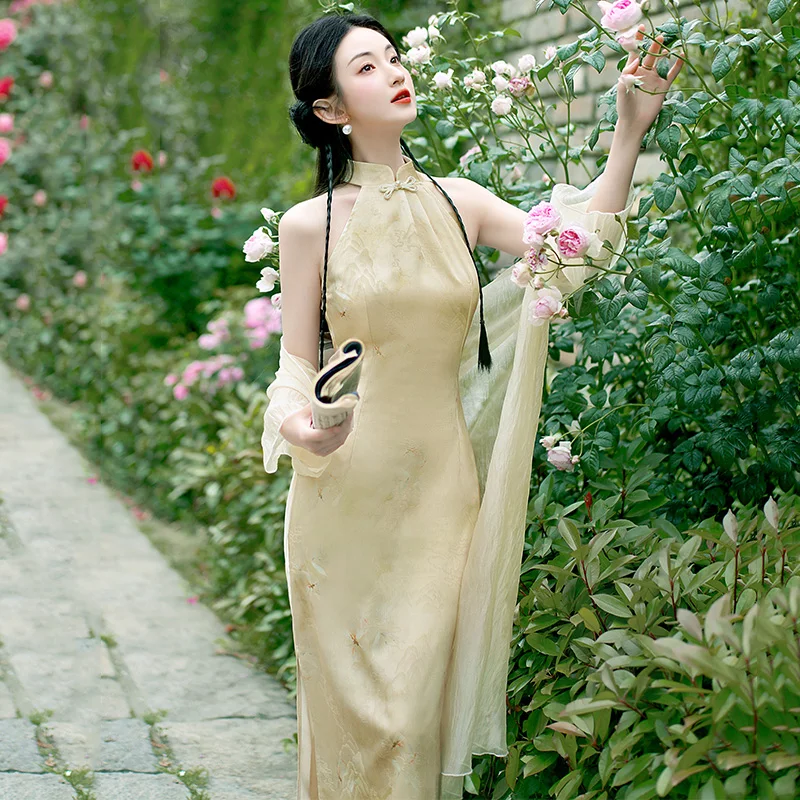 Vestido cheongsam chinês de perna larga para mulheres, fino e fino hanfu, estilo nacional retrô, cintura de temperamento