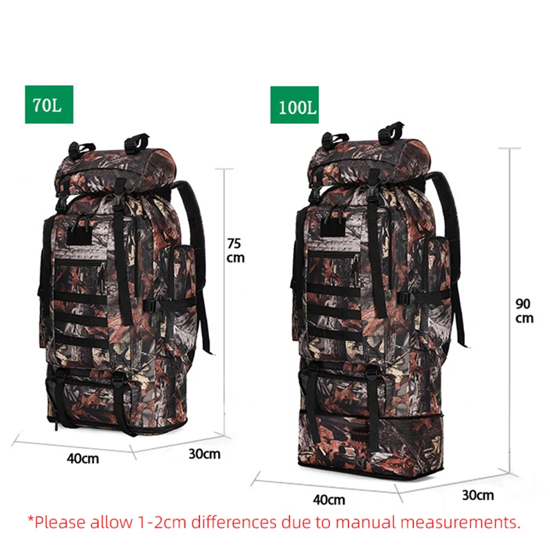 100L Hiking Bag Camouflage Tactical Backpack Large Capacity Outdoor Rucksack Expandable Climbing Backpacks Camping Backpacks