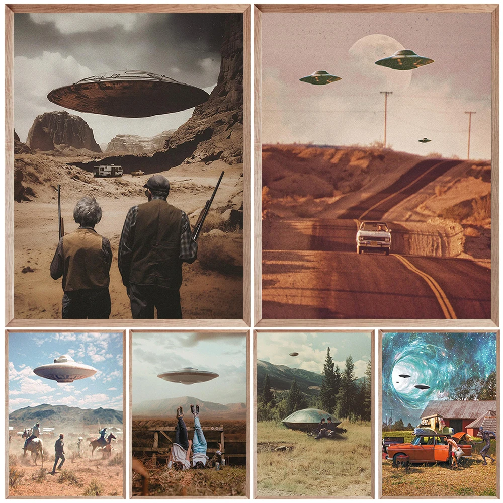 

Alien Invasion Gothic Vintage Wall Art Canvas Painting,Alien Encounter Dark Art Fun Poster Print Gift, Dark Art Decor Unframed
