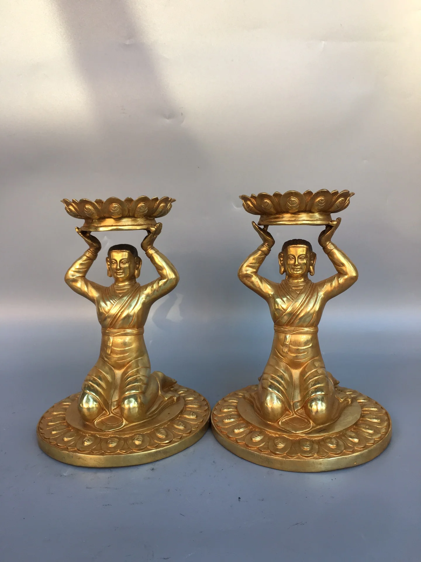 

8"Tibetan Temple Collection Old Bronze Gilded Maid oil lamp Lotus pattern Candlestick A pair Worship Hall Town house