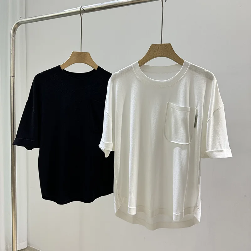 Women White or Black T-Shirt 100% Silk O-Neck Short Sleeve Casual Summer 2024 Tee Tops with Pocket