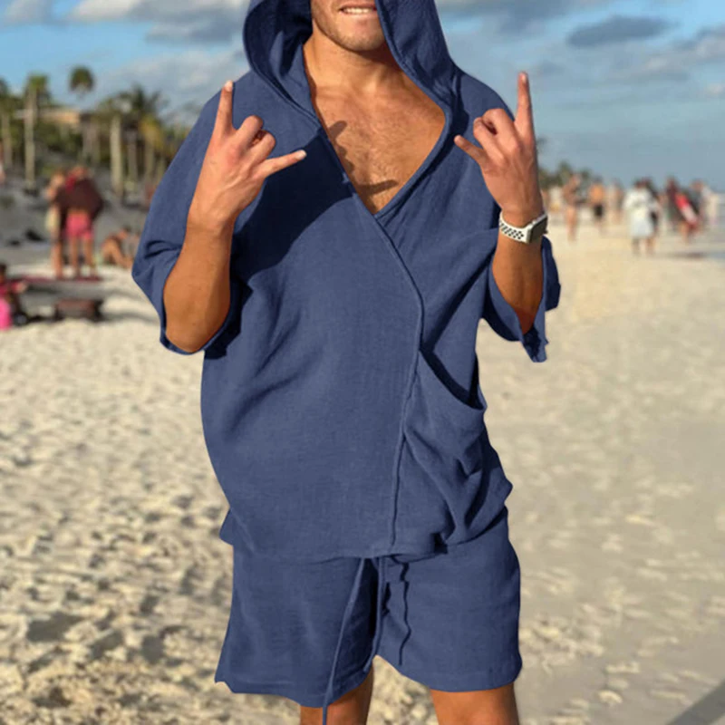 Leisure Vacation Beach Two Piece Set Men Casual Solid Color Cotton Linen Hoodie Suits Summer Mens Hooded Tops and Shorts Outfits