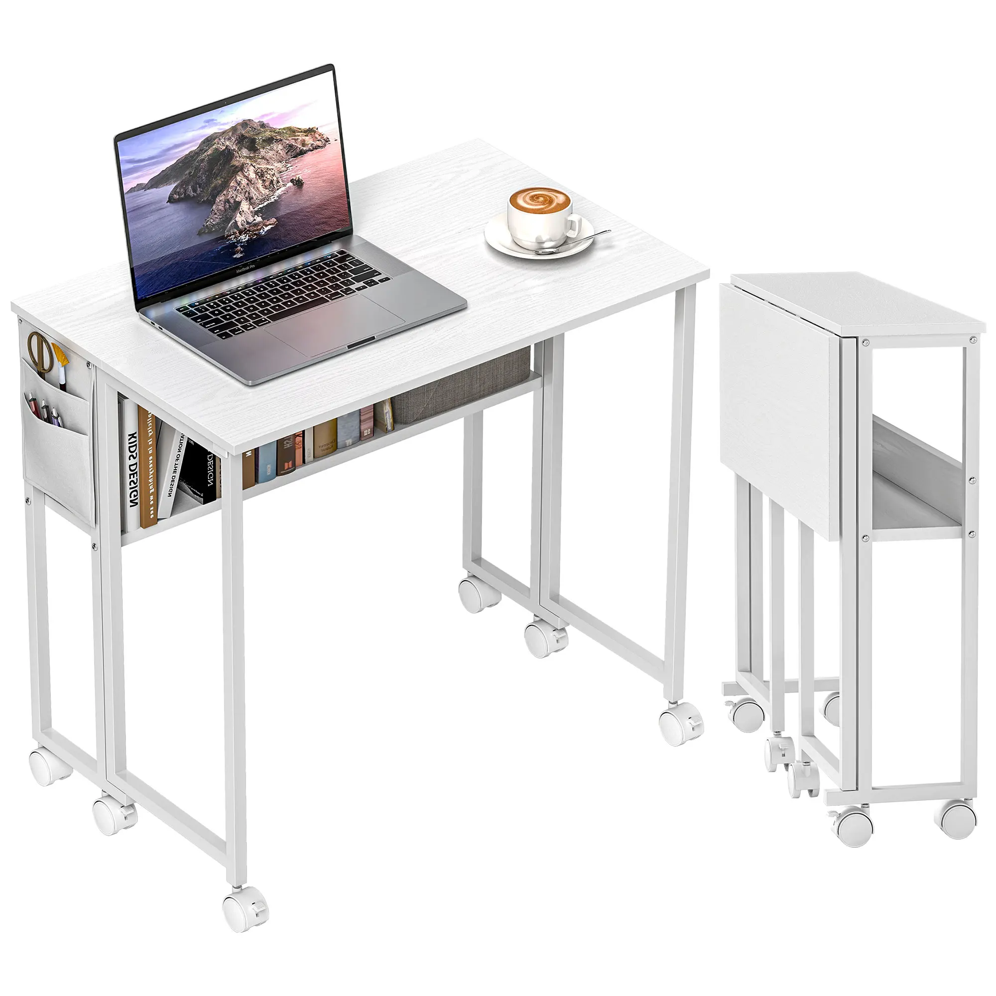 HOMCOM Escritorio Plegable con Ruedas Balda y Bolsillo de Almacenaje Ideal para Espacios Pequeños 80x50x75 cm Blanco