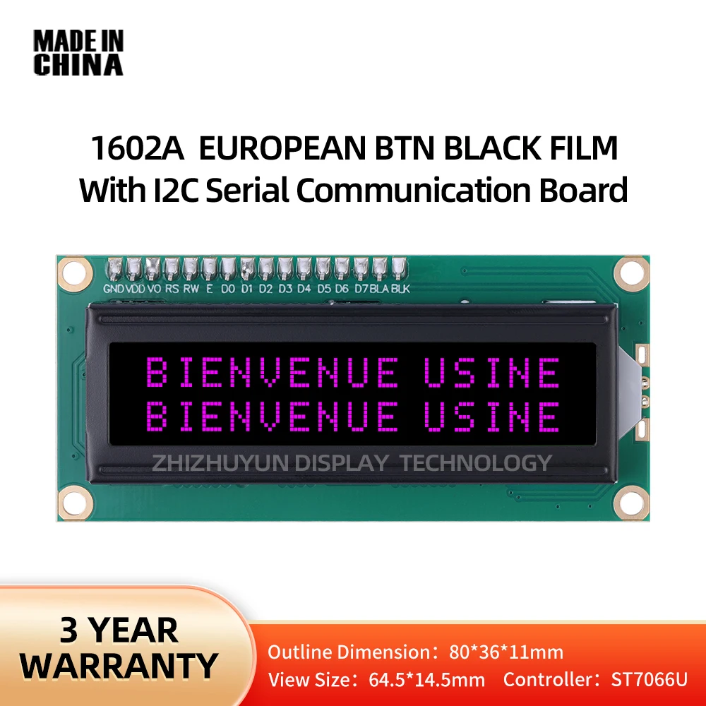 Industrial Grade Display Screen, placa adaptadora IIC, módulo de exibição europeu, BTN filme preto, fonte roxa, 80*36*11mm, ST7066U, 1602A