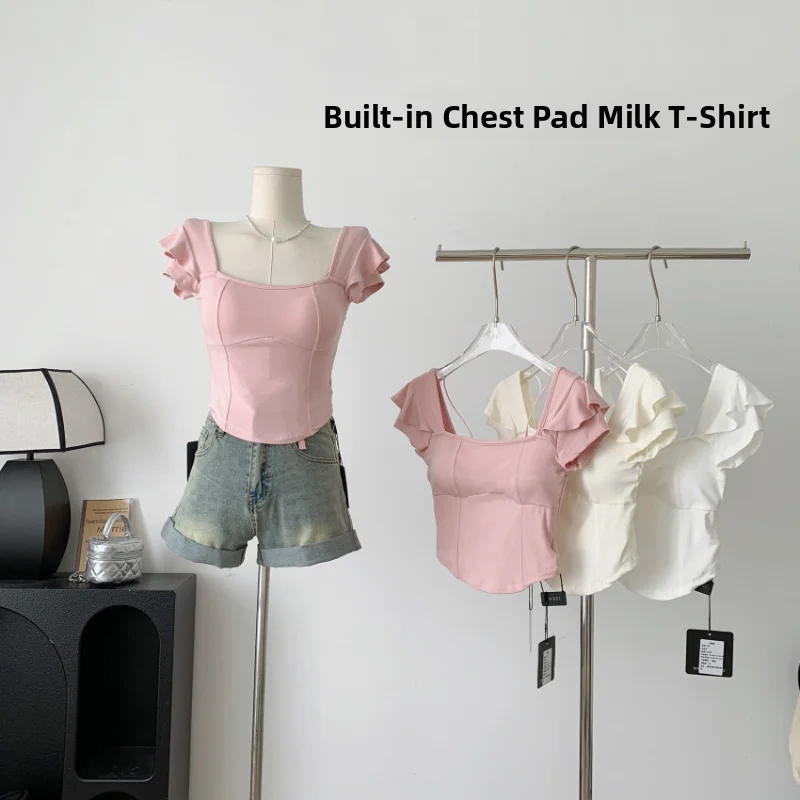 ピンクのセクシーなスクエアネックTシャツ、女性用スリムフィットサマーニュースタイル、胸パッド付きトップス、ファションレディースカジュアルウェア