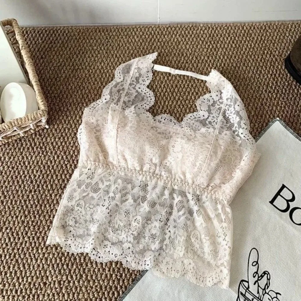 

Breathable Mesh Flower Lace Camisole Transparent Sleeveless Halter Neck Camisole Bottoming Shirt Lace Crop Tops Spring Summer
