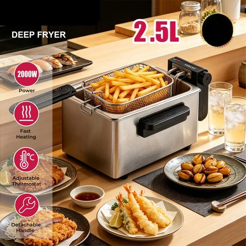 2.5L Electric Deep Fryer Small Countertop Fryer for Home Commercial Use French Fries Chicken Skewers