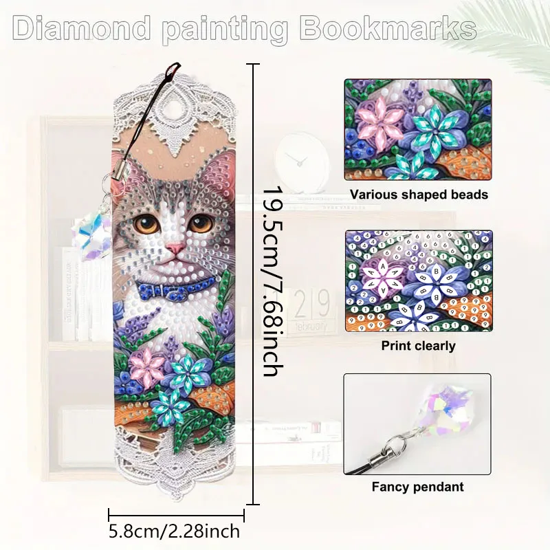 4 Kitten Diamond Painting Art Bookmark Set Panda Dream Catcher, 5D Special Shape Diamond Painting Bookmark with Pendant.