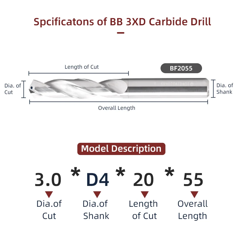 Broca de carboneto de resfriamento interno BB, CNC brilhante, usinagem de alta alimentação para alumínio, diâmetro do cobre, 3.0mm a 12.1mm, 3xD, BF2055