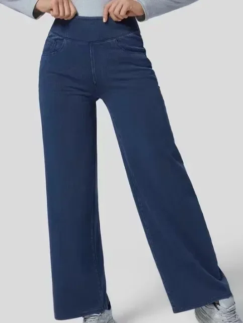 Streetwear Women Stretch Jeans Wide Leg Pants Denim High Waist Vintage Pockets Basics Ankle Length Trousers  Casual Denims