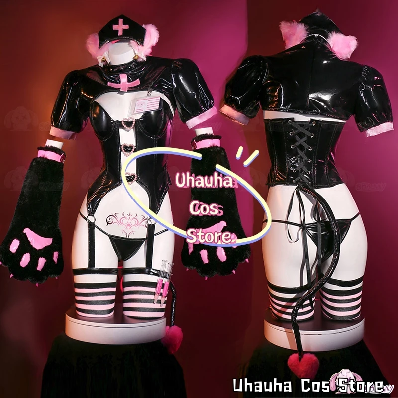 Gothic Nurse Outfit Cosplay Costumes Sexy Lingerie Top+Leather Miniskirt With Furry Paws &Thigh Socks For Anime/Halloween Show
