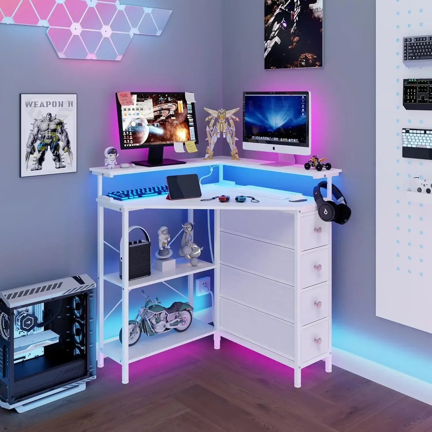 Corner Desk with Drawers Shelves for Small Space 90 Degrees Triangle Computer Desk with Power Outlets,Gaming Desk with LED Light