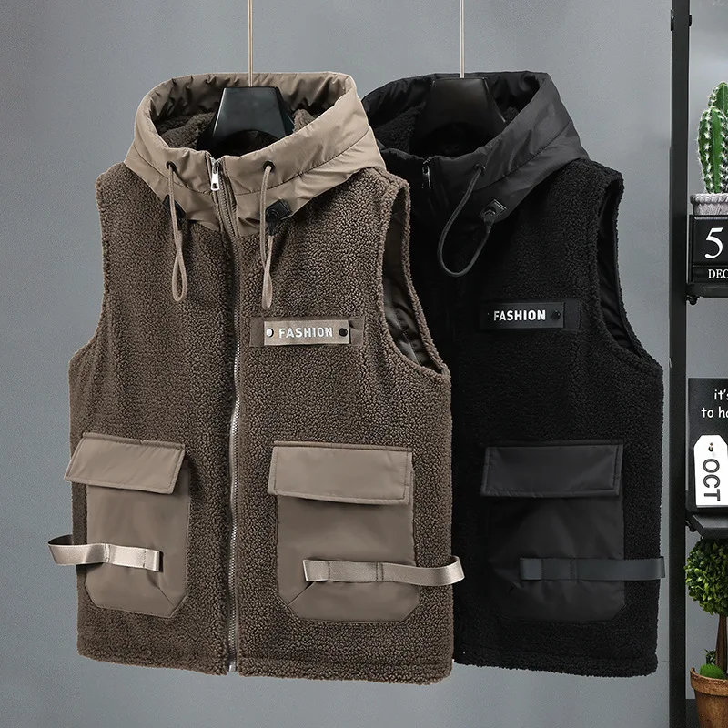 

Winter New Fashion Men's Plus Size Casual Trendy Simple Basic Zipper Sleeveless Wool Hooded Quilted Vests Male Clothes Coats