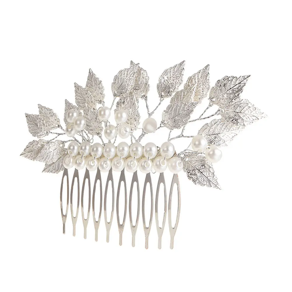 Delicate Barrette Comb with Artificial Pearl and Silver Leaves Perfect for Brides Wedding Hair Comb