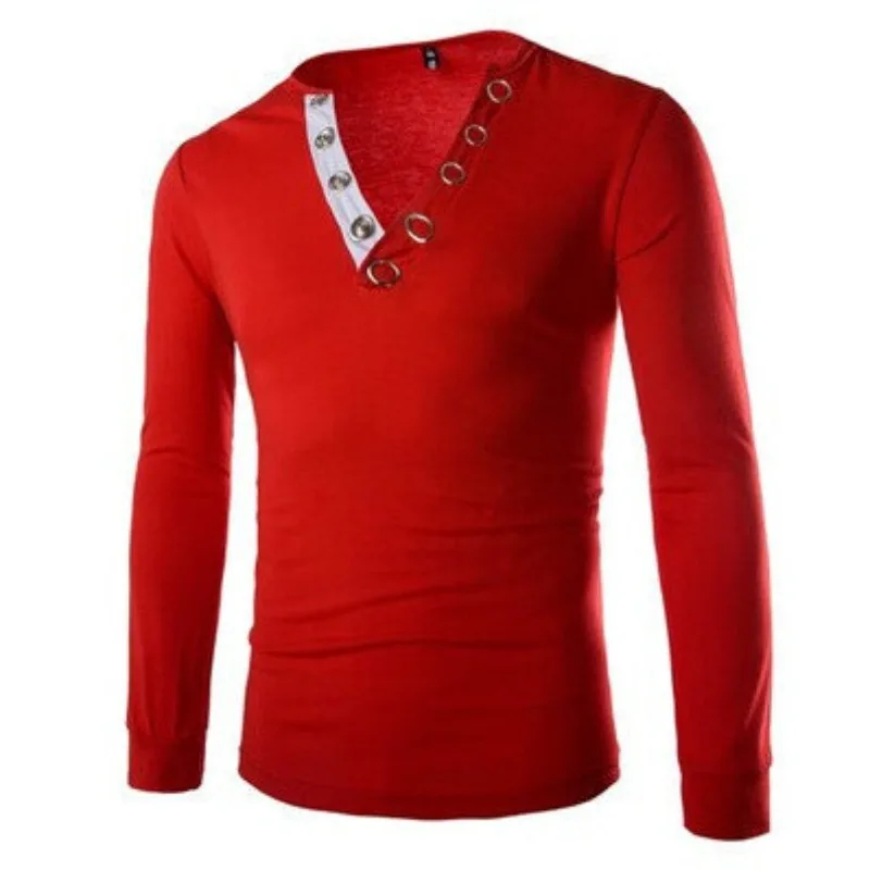 Foreign trade new iron buckle decorative big V collar long sleeve slim T-shirt round neck Korean version long sleeve T-shirt T09