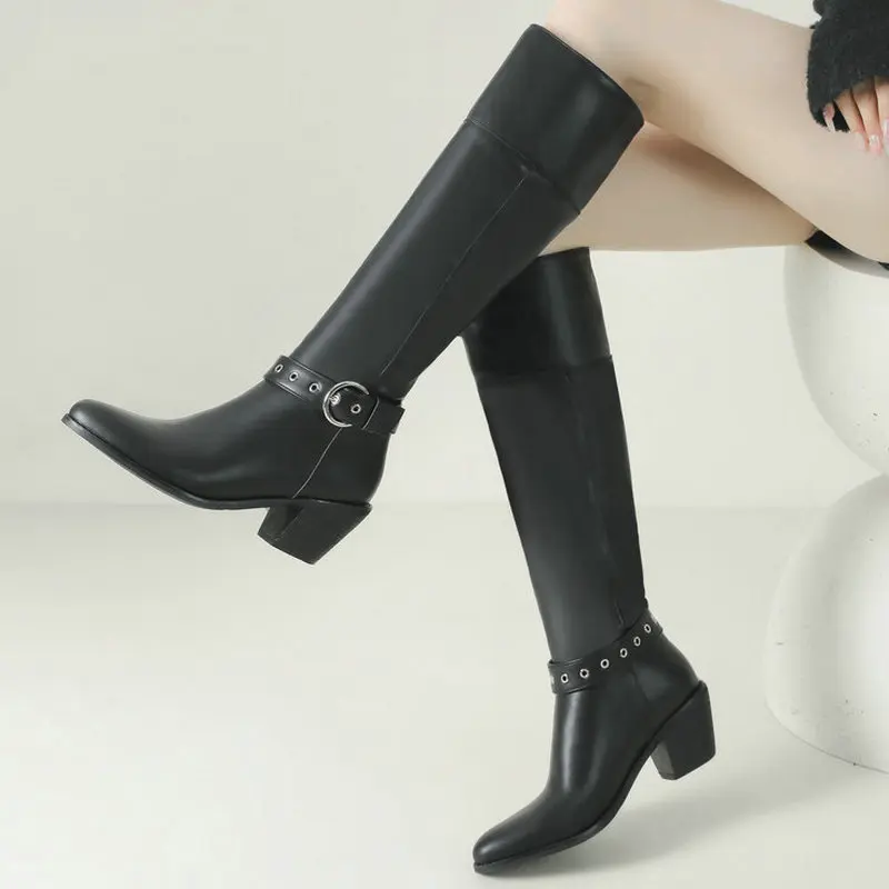 Черный Коричневый Белый 2025 Осень Зима Женские сапоги до колена из искусственной кожи с острым носком и квадратным каблуком без шнуровки Женские сапоги до середины икры большого размера Черный Коричневый Белый 2025 Осень Зима Женские сапоги до колена из искусственной кожи с острым носком и квадратным каблуком без шнуровки Женские сапоги до середины икры большого размера
