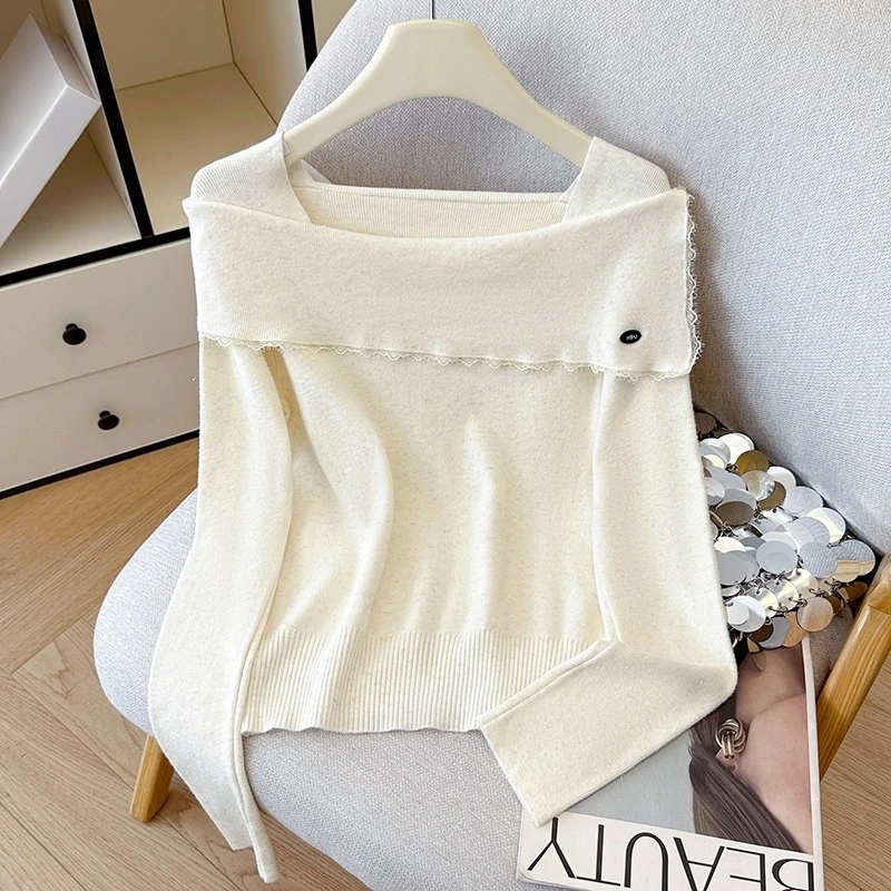 

Seoulish Autumn Winter Lace Women's Knitted Sweaters Elegant Shell Button Design Square Neck Long Sleeve Casual Tops 2025 New