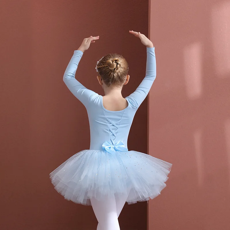 

Girls Blue Cotton Short Sleeve Ballet Skirt Summer Children Dance Practice Wear Kids Tulle Skirt