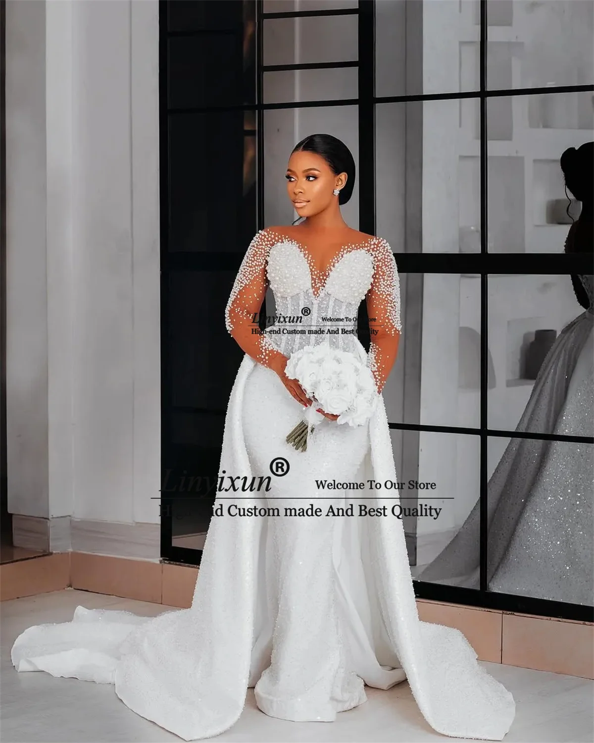 Aso Ebi Mermaid Wedding Dress For Bride Detachable Train Customized Beaded Lace Crystals Decorations Luxurious Bridal Gowns