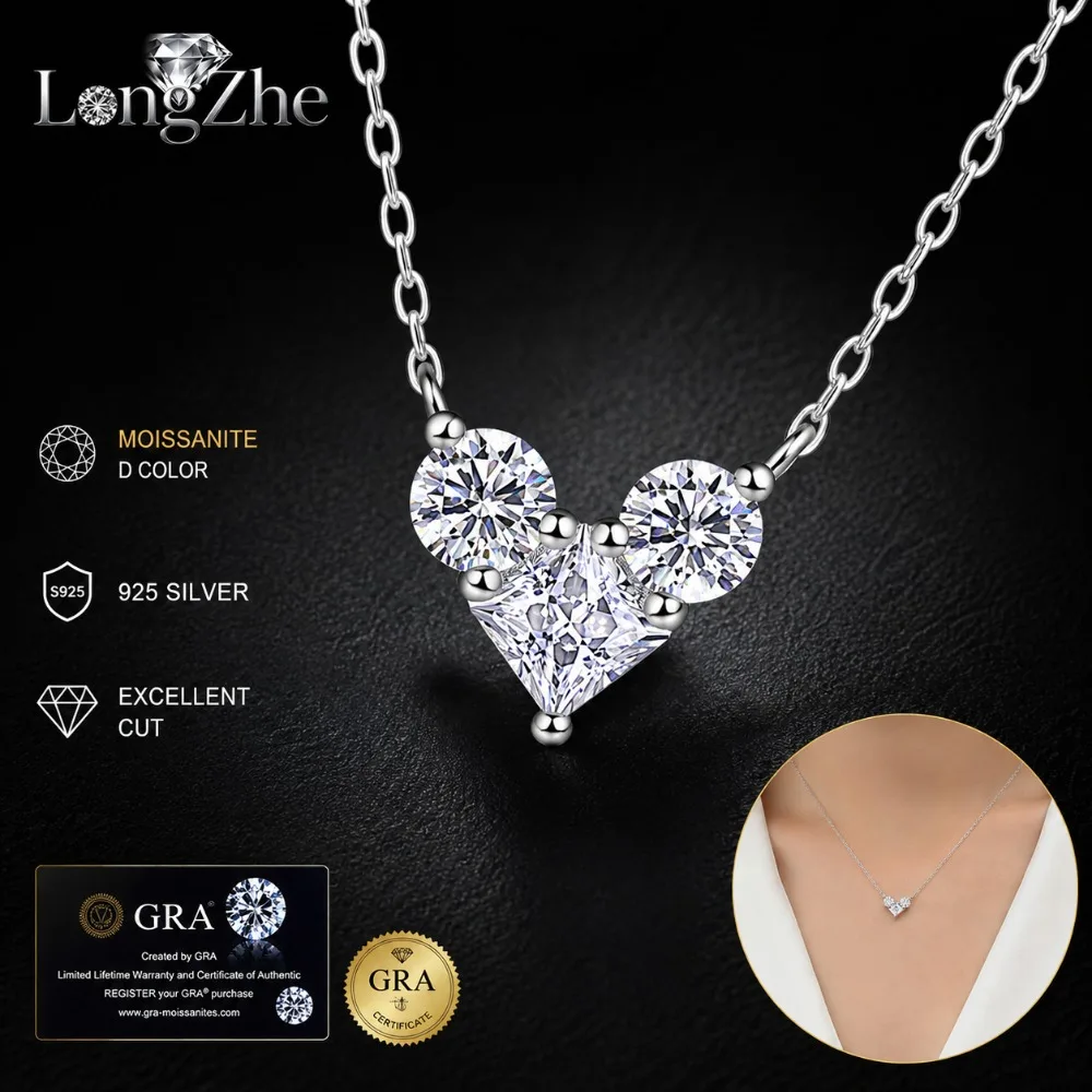 

Moissanite Heart Necklace for Women Three Stone Round Square Cut S925 Sterling Silver Delicate Chain Birthday Anniversary Gift