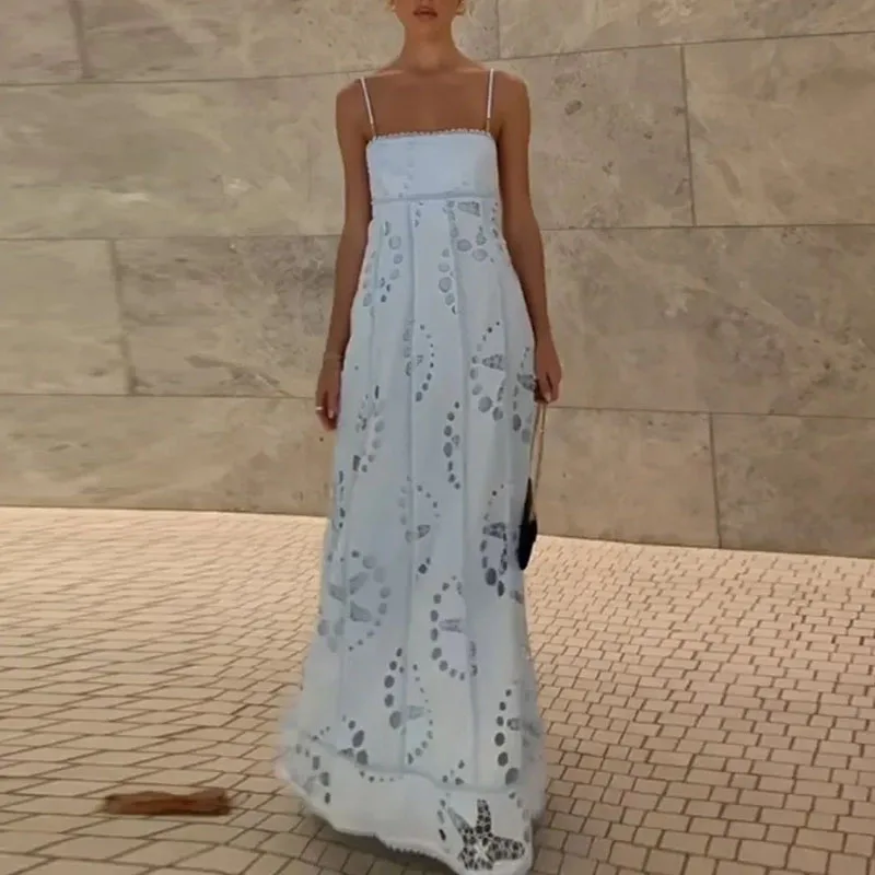 2025 New Vintage White Jacquard Crochet Lace Long Dress Summer Fashion Hollow Out Commute Dresses Woman Elegant Sling Boho Dress