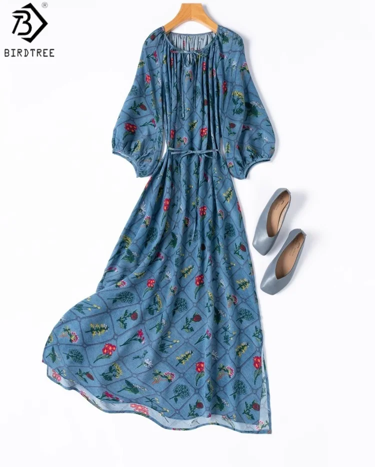 

BirdTree Summer 100% Mulberry Silk Blue Print Dress,Woman Double Crepe O-neck Side Slit Lantern Sleeve Dresses, 2025 NewD57117JF