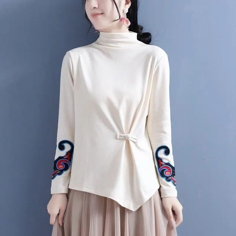 Half Turtle Neck Women's Autumn and Winter New Literary Retro Patch Embroidered Ethnic Style Solid Top Women