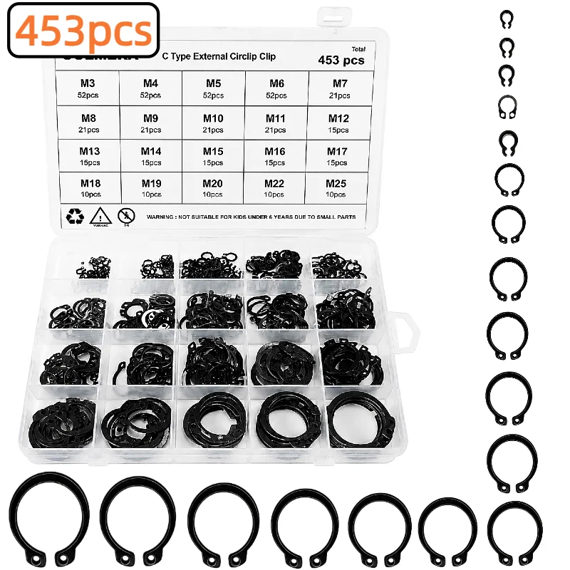 287/453Pcs M3-M25 Black Alloy Steel C Clip External Circlip Set Snap Ring Retaining Ring for Shaft Bearing Hardware