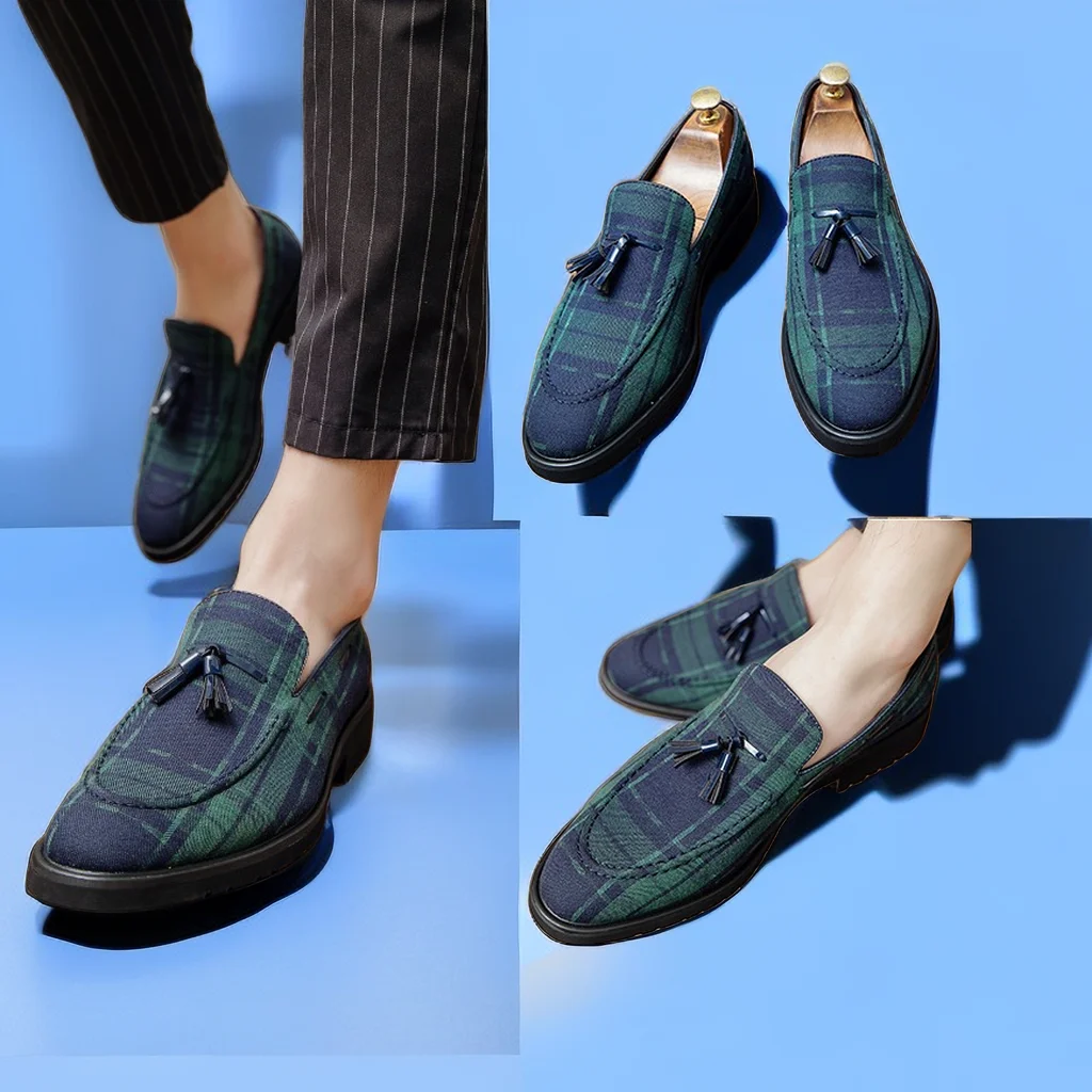 New Loafers Men Square Toe Tassels Gingham Canvas Fashion Dress Shoes Size 38-48