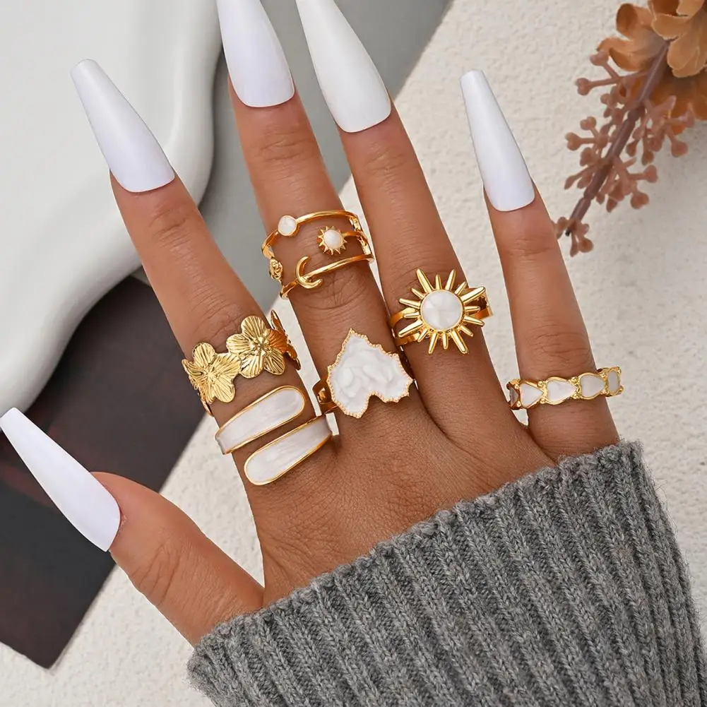 Women Rings 6pcs Titanium Steel Statement Rings Set Adjustable Flower Heart Sun Designs Minimalist Jewelry for Women Gift