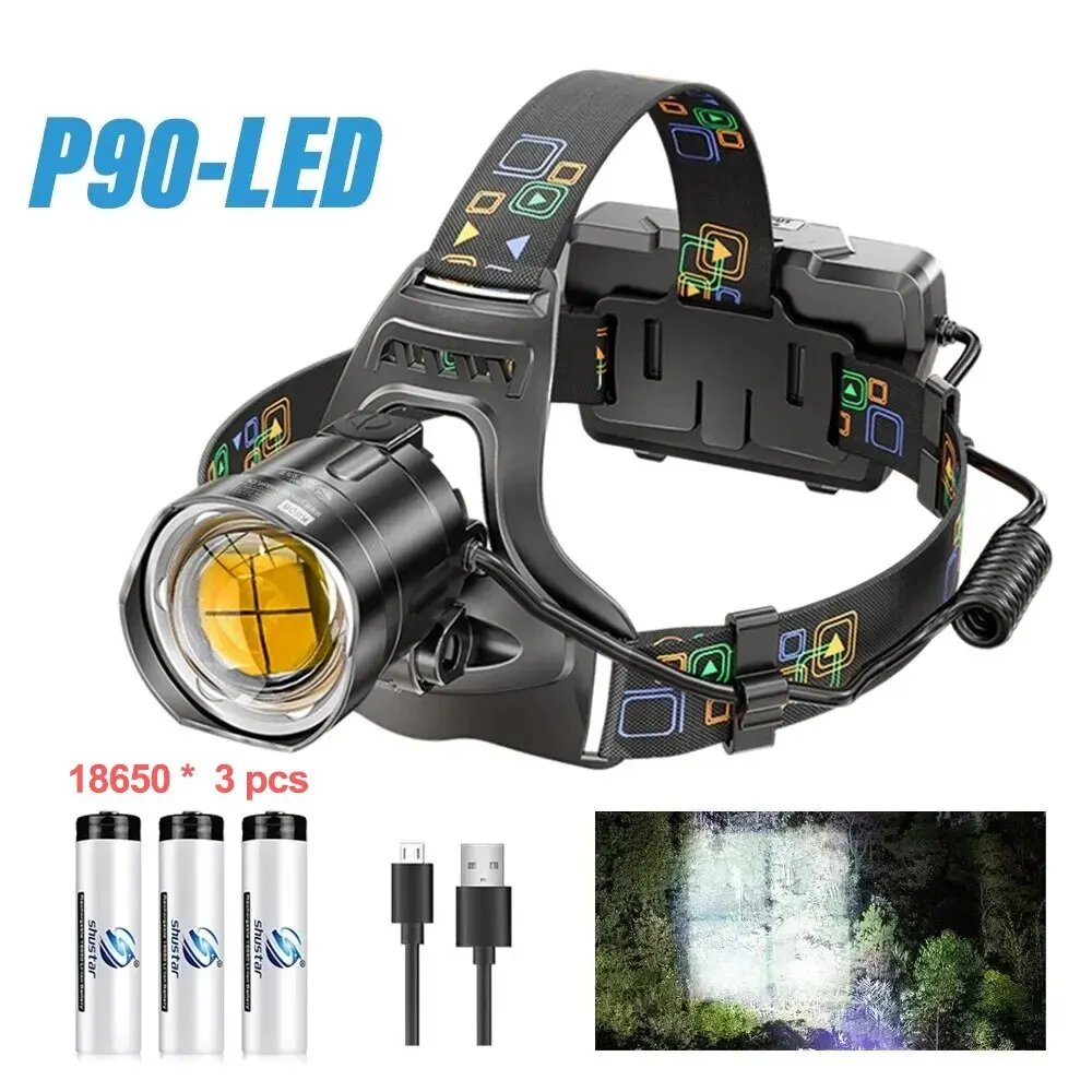 Faro LED superbrillante con cuentas de lámpara XHP90, faro impermeable, pantalla de energía, adecuado para exploración, caza y pesca