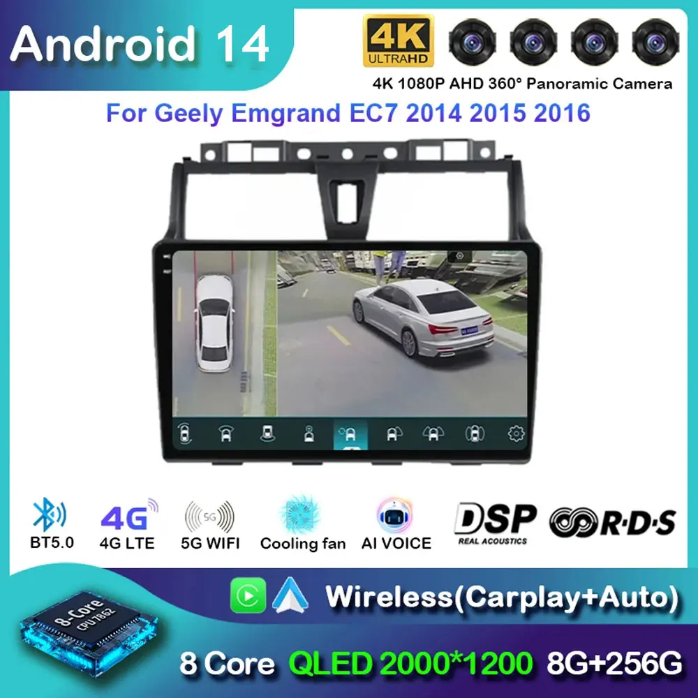 Android 14 Car Radio For Geely Emgrand EC7 2016 2017 2018 Navigation GPS Multimedia Player Stereo WiFi+4G BT Carplay+Auto 2 DIN