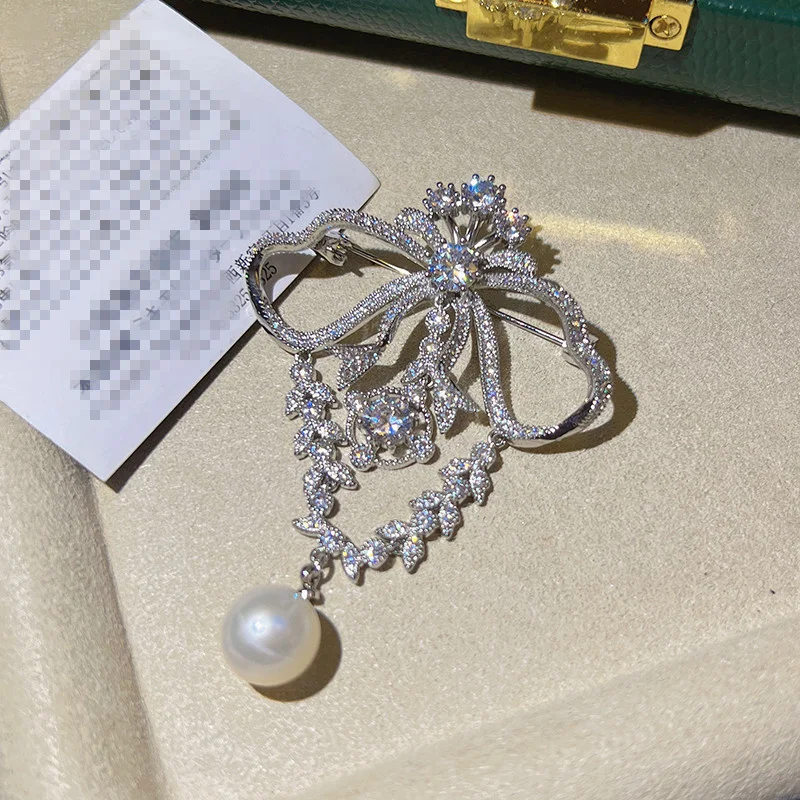 Palace Style Brooch Elegant Pearl Zircon Bow Ribbon Corsage Women\'s Dinner Dress Pin Accessories