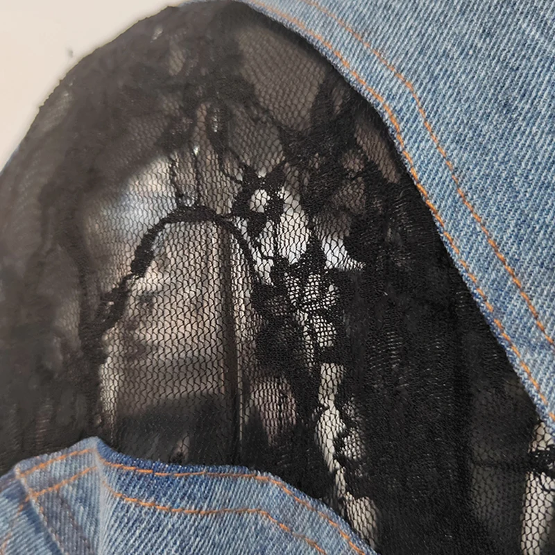 Zoci moda preto rendas retalhos denim jaqueta feminina lapela oco para fora único breasted irregular solto jaquetas novo fc1383