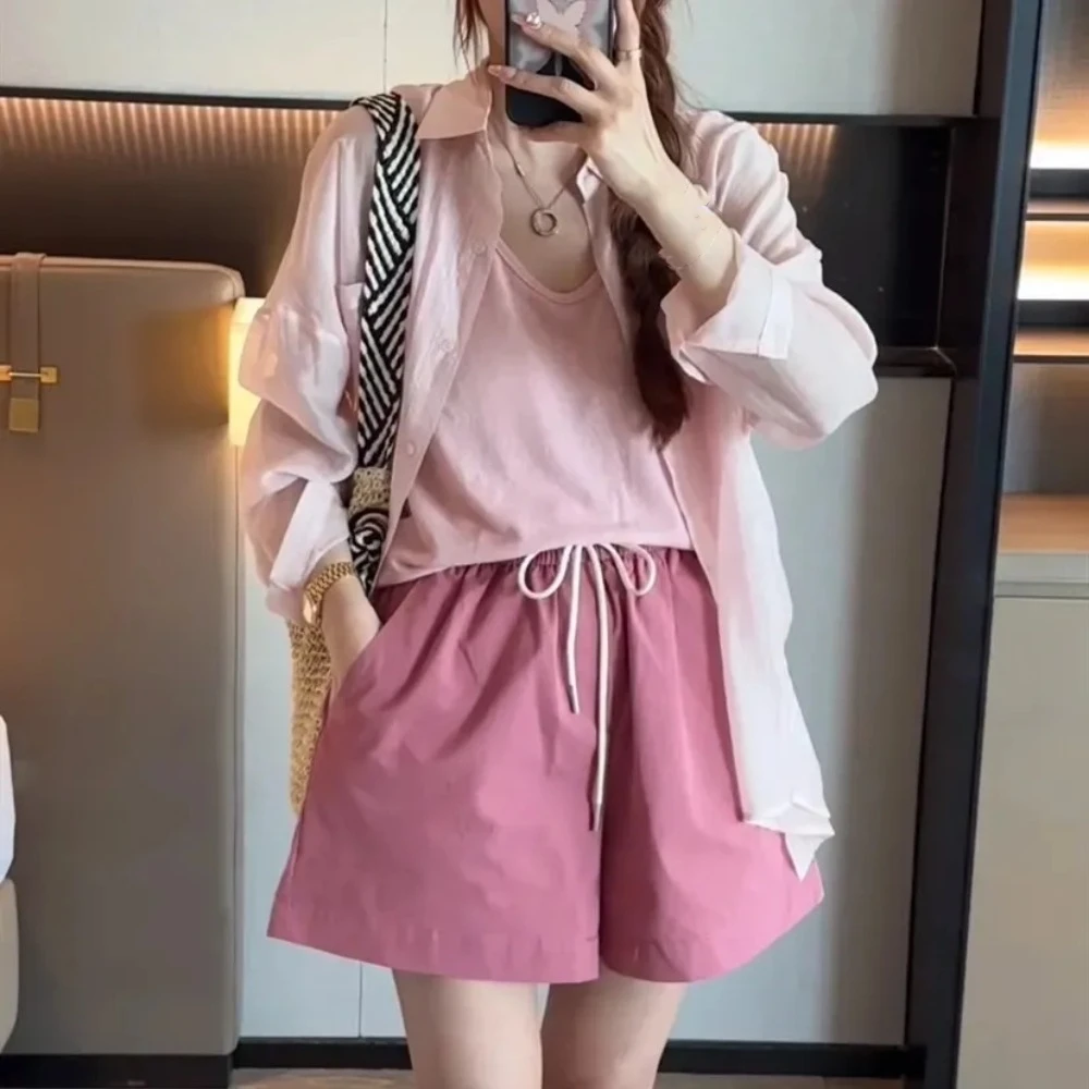 

Шикарные свободные хлопковые короткие брюки большого размера, шорты на шнуровке с высокой талией, однотонные шорты с карманами и широкими штанинами для девочек