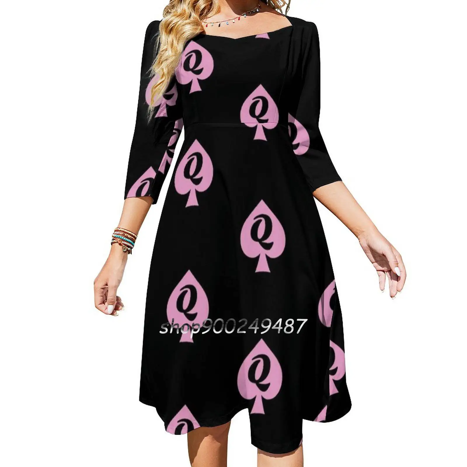 Queen Of Spades Pink And Black Square Neck Dress Sweet Summer Dress Women Elegant Halter Print Dress Qos Spades Queen Queen Of