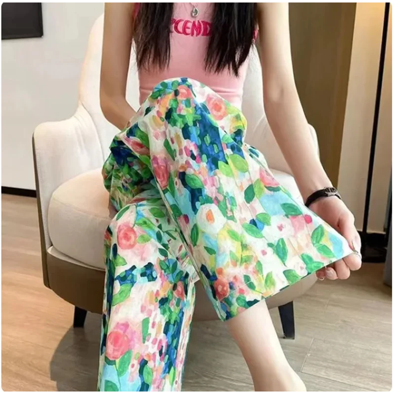 Women New Summer Pants Beach Vacation Wide Leg Pants Multi Color Printed Trends Pants