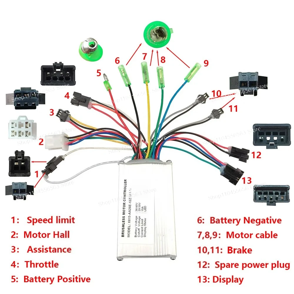 36V 48V 15A Brushless Motor Controller X813-AA26E-12Z for Ebike Scooters MTB Fat Bikes (KD26E Protocol)