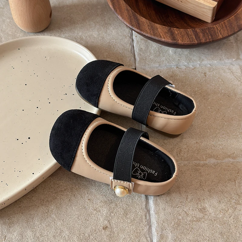 Kids Two Tone Spliced Mary Janes Elastic Single Strap Pearl Buckle Decor Soft Flat Shoes For Daily Dress Outfit Matching