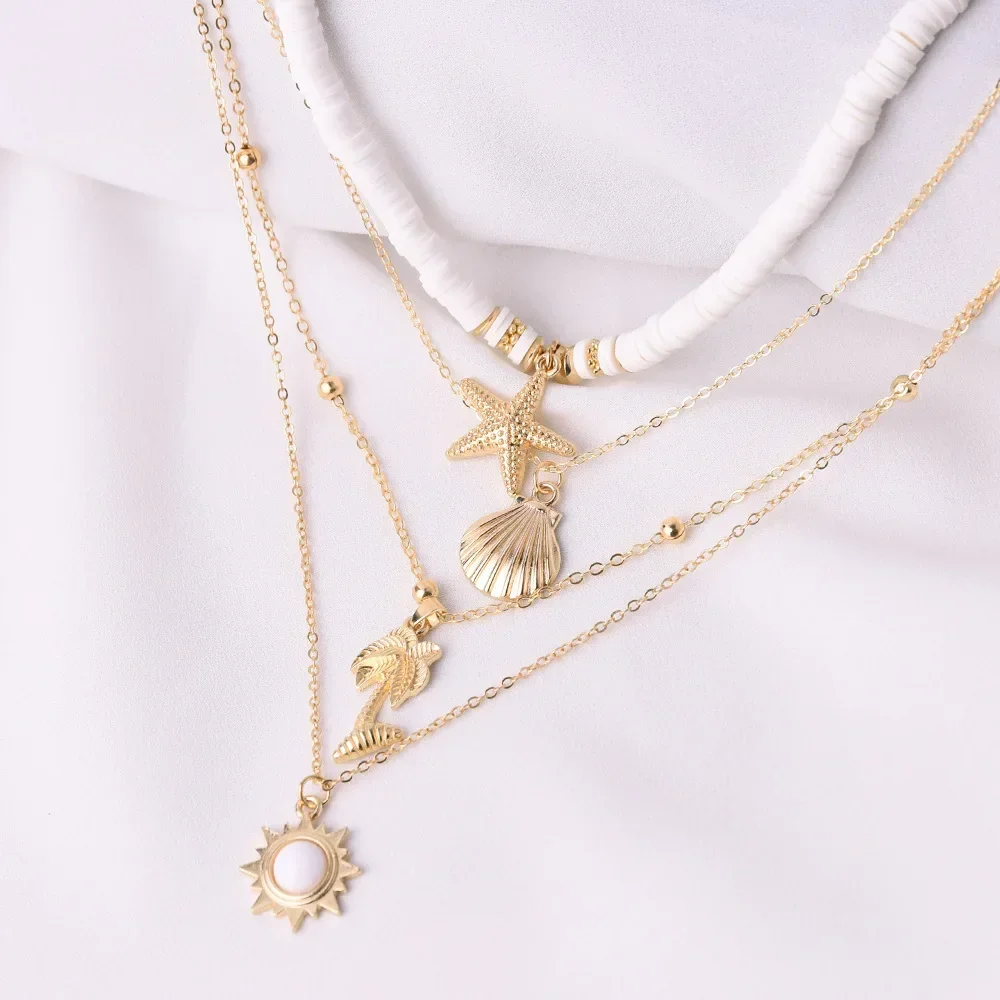 Bohemia Ocean Starfish Shells Pendant Mulitlayer Choker Necklace for Women Sweet Imitation Pearl Necklace Holiday Party Jewelry