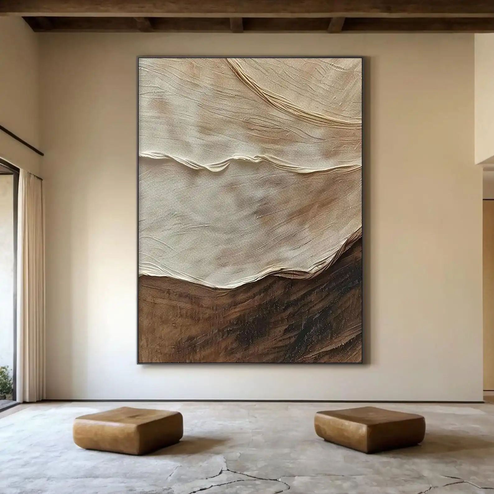 

Mhemyo Large Dark Brown Abstract Handmade Painting Brown and Off-white Textured Minimalist Wall Art Modern Living or Home Decor